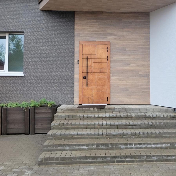 Уличная дверь с черной ручкой