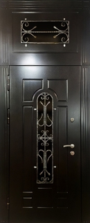 Стальная дверь с терморазрывом, фрамугой, стеклом и решетками (черные панели МДФ) Стальная дверь с терморазрывом, фрамугой, стеклом и решетками (черные панели МДФ)