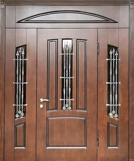 Входная группа с терморазрывом, тремя стеклопакетами и ковкой (отделка МДФ со шпоном)
