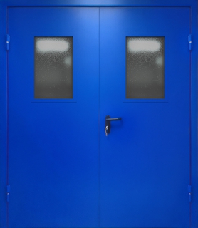 Двупольная остекленная противопожарная дверь синего цвета Двупольная остекленная противопожарная дверь синего цвета