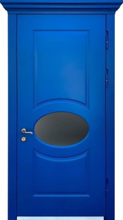 Стальная термодверь с карнизом и овальным стеклом (отделка МДФ RAL – синий)