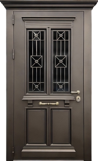 Входная металлобагетная термодверь с остеклением, решетками и карнизом (порошковая покраска)