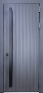 Стальная термодверь с длинной бугельной ручкой и серыми панелями МДФ RAL Стальная термодверь с длинной бугельной ручкой и серыми панелями МДФ RAL