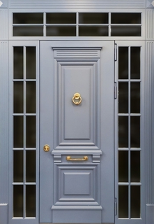 Остекленная парадная термодверь с кнокером и окрашенными панелями МДФ RAL с багетом Остекленная парадная термодверь с кнокером и окрашенными панелями МДФ RAL с багетом