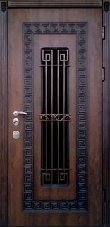 Входная термодверь со стеклопакетом и кованой решеткой (отделка МДФ с фрезеровкой) Входная термодверь со стеклопакетом и кованой решеткой (отделка МДФ с фрезеровкой)